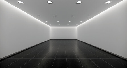 interior empty room modern style black floor and white walls decorated led Lightingt showroom in 3D rendering.