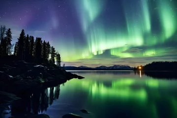 Washable wall murals Northern Lights An eye-catching photo showing the Northern Lights (Aurora Borealis) dancing in the starry night, creating a colorful spectacle.