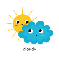 Weather flashcard for kids with cute sun and cloud. Cloudy clipart in cartoon style. Learning weather for school and preschool. Vector illustration