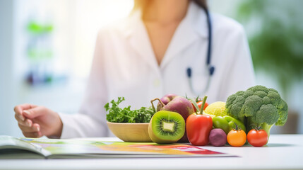 Obraz na płótnie Canvas fresh vegetable and fruit on desk with nutritionist female doctor working at office hospital, nutrition, diet plan, nutrition, food science, healthy food concept, Generative AI