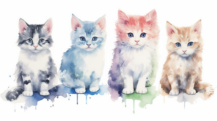 multicolored watercolor cats on a white background isolated. generative AI