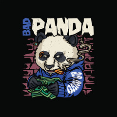 design tshirt panda in a blue sweater . Vector hand drawn illustration for streetwear