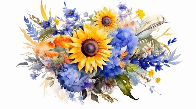 recommend clip art: sunflowers watercolor wreath frame on white background. generative ai