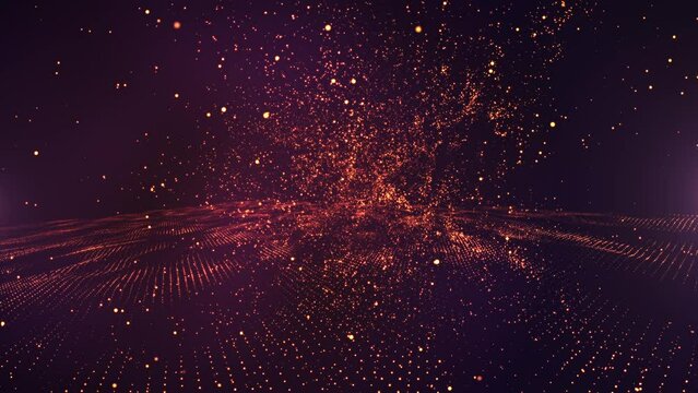 Beautiful golden and purple galaxy particles wave with light abstract background with sparkling dust particles. 4K