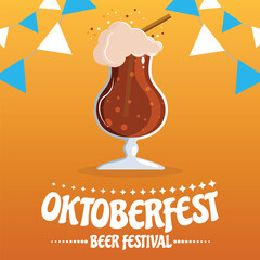 Oktoberfest party poster illustration with fresh dark beer, pretzel, sausage and blue and white party flag on shiny yellow background. Vector celebration flyer template for traditional German beer