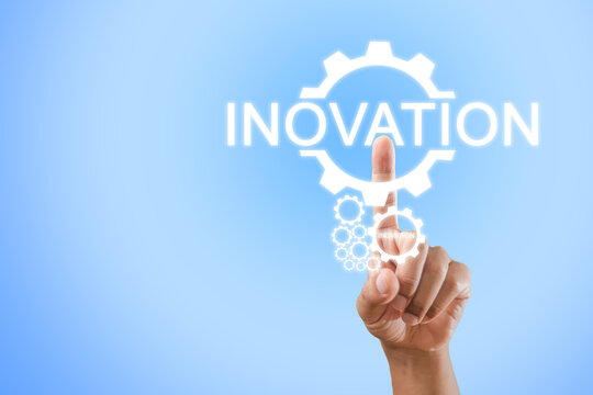 Technology innovation concept. Hand point finger Innovation text icon. Business learning inspiration creativity. network connection technology industrial.