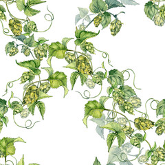 Hop vine, plant humulus watercolor seamless pattern isolated on white background. Hop on brunch with leaves, hop cones hand drawn. Design element for wrapping, label, packaging, paper, textile