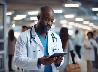 African American Male Doctor Wearing White Coat Working on Tablet Computer at hospital, Medical Health Care Professional Working with Test Results.