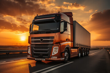 Semi truck on the road, A semi truck carrying vital freight to businesses and consumers drives along the highway during sunset.