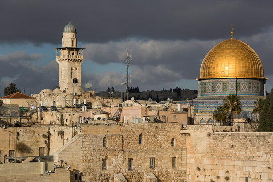 Dome of the Rock and Bab al-Silsila minaret over the Western Wall in the Old City of Jerusalem