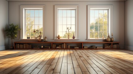 Empty room with wood flooring and shelves in the room is large windows, Cozy home decor, Minimalist concept.