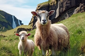 Obraz premium Goat with babies on a green lawn at mountain.