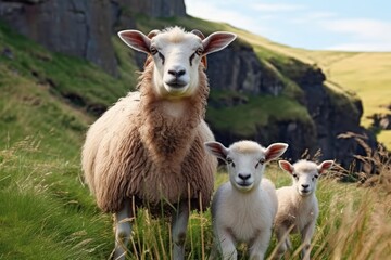 Obraz premium A clutch of white goats standing among the green grass on a warm spring day.