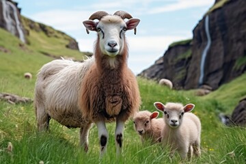 Obraz premium Goat with babies on a green lawn at mountain.