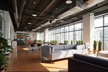 Fototapeta premium Spacious and contemporary office lounge with soft and comfortable couch, Large windows.