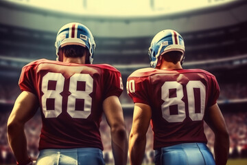 Fototapeta premium Rear view of American football player against American football arena, Concept of teamwork at stadium.