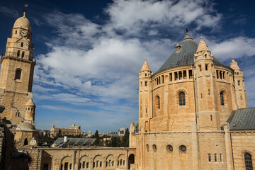 Fototapeta na wymiar The Cenacle (or the Upper Room) tower and the Abbey of the Dormition in Jerusalem