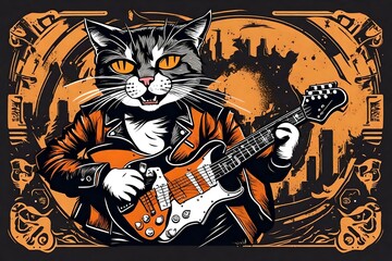 Fototapeta na wymiar Cartoon image of a rock and roll cat playing a guitar.