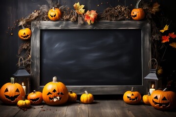 Halloween Welcome Signboard Mockup with Pumpkin. Generative AI