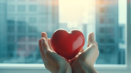 Doctor's hand holding a red heart shape. World heart day, health insurance concept. Generative AI