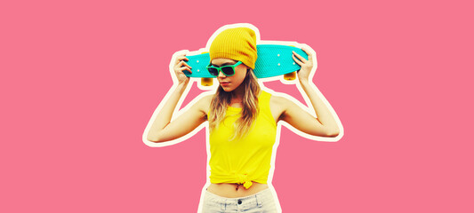 Summer portrait of stylish cool young woman with skateboard wearing colorful clothes on pink...