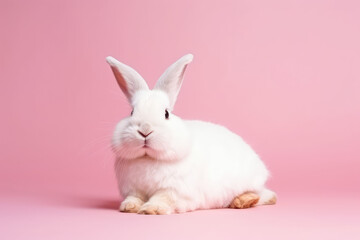 Obraz premium Portrait of white fluffy rabbit isolated on flat pink background with copy space. Pretty hare, studio shot.
