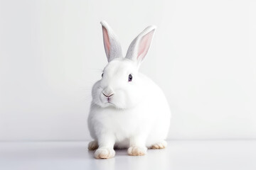 Portrait of white fluffy rabbit isolated on flat white background with copy space. Pretty hare, studio shot.