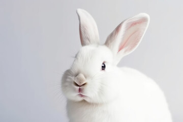 Obraz premium Portrait of white fluffy rabbit isolated on flat grey background with copy space. Pretty hare, studio shot.