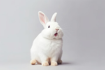 Obraz premium Portrait of white fluffy rabbit isolated on flat grey background with copy space. Pretty hare, studio shot.