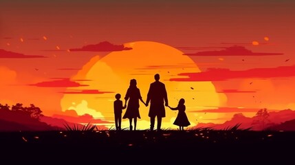 Family concept, family at sunset background. Generative AI