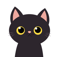 Black cat head face silhouette icon. Kitten with big yellow eyes. Cute cartoon funny baby character. Funny kawaii animal. Pet collection. Sticker print. Flat design. White background. Isolated.