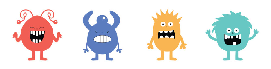 Happy Halloween. Monster set line. Cute head face. Four colorful monsters with different emotions. Cartoon kawaii smiling funny boo baby character. T-shirt design. White background. Flat design.