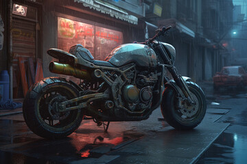 Fototapeta na wymiar Futuristic sci-fi cyberpunk sports bike motorcycle with neon lights, night city, cyberpunk motorcycle background ,generative AI