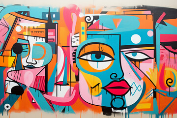 street art graffiti with doodle faces, colorful geometric background, AI generated

