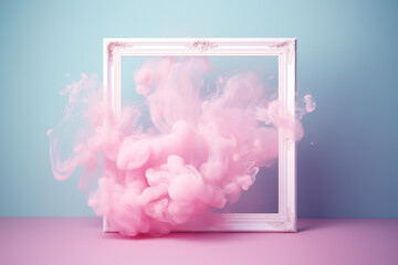 white picture frame with pink smoke on a blue background, AI generated