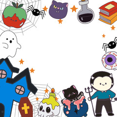 Happy Halloween collection with Pumpkins, cute childish ghosts, bat and magic Ideal for cards, poster, prints, anniversary