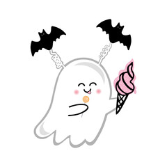 Vector illustration of a ghost with bats on its head. Cute ghost eats ice cream and candy. Isolated on white background.