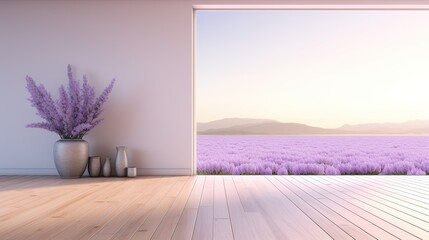 interior design, empty living room design, outside view clean lavender scenery with wooden floor