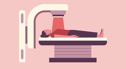 Fighting Breast Cancer, Determined Patient Woman Undergoing Radiation Therapy for Medical Treatment, vector flat illustration