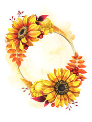 Fall frame with sunflowers and autumn flowers on white background