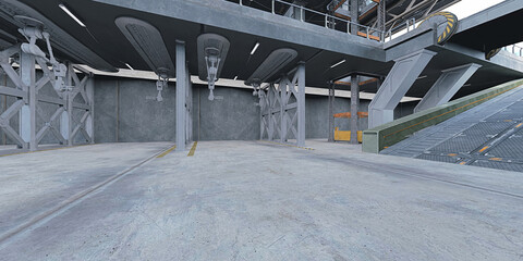 industrial, warehouse, repair, shop, repair shop, futuristic, modern, concrete, hall, hangar, cgi environment