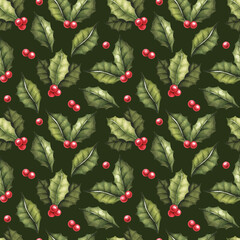 Christmas seamless pattern with watercolor mistletoe berries and leaves