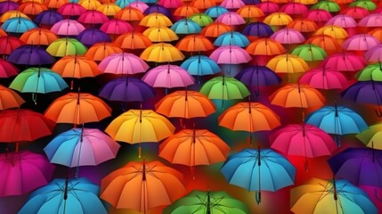 Many colorful umbrellas. Rainbow gay pride protection. Generative AI