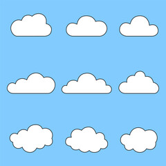 Clouds shape icon set. Cute weather elements collection. Vector illustration isolated on blue background.