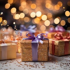 merry Christmas Joyful gift boxes with bokeh background