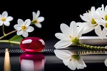 Obraz na płótnie Canvas photoshot, red ruby shining, and white jasmine on black table, hyper-realistic, pop color.