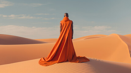 black man in orange cape standing in desert, ai generated