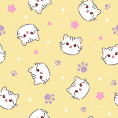 Seamless pattern of a cute cats, stars animal's paws. Vector illustration on a yellow background. Cartoon style flat design. Concept for children print.