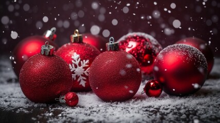 Fototapeta premium Cheerful Merry Christmas Background with Red Baubles