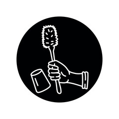 Hand in glove with brush cleaning toilet black line icon. Cleaning company